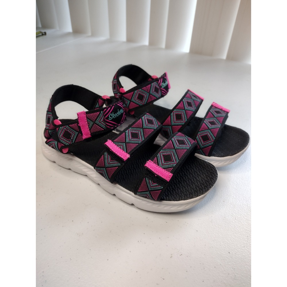 Skechers Black Pink Geo Strap Kids Sandals